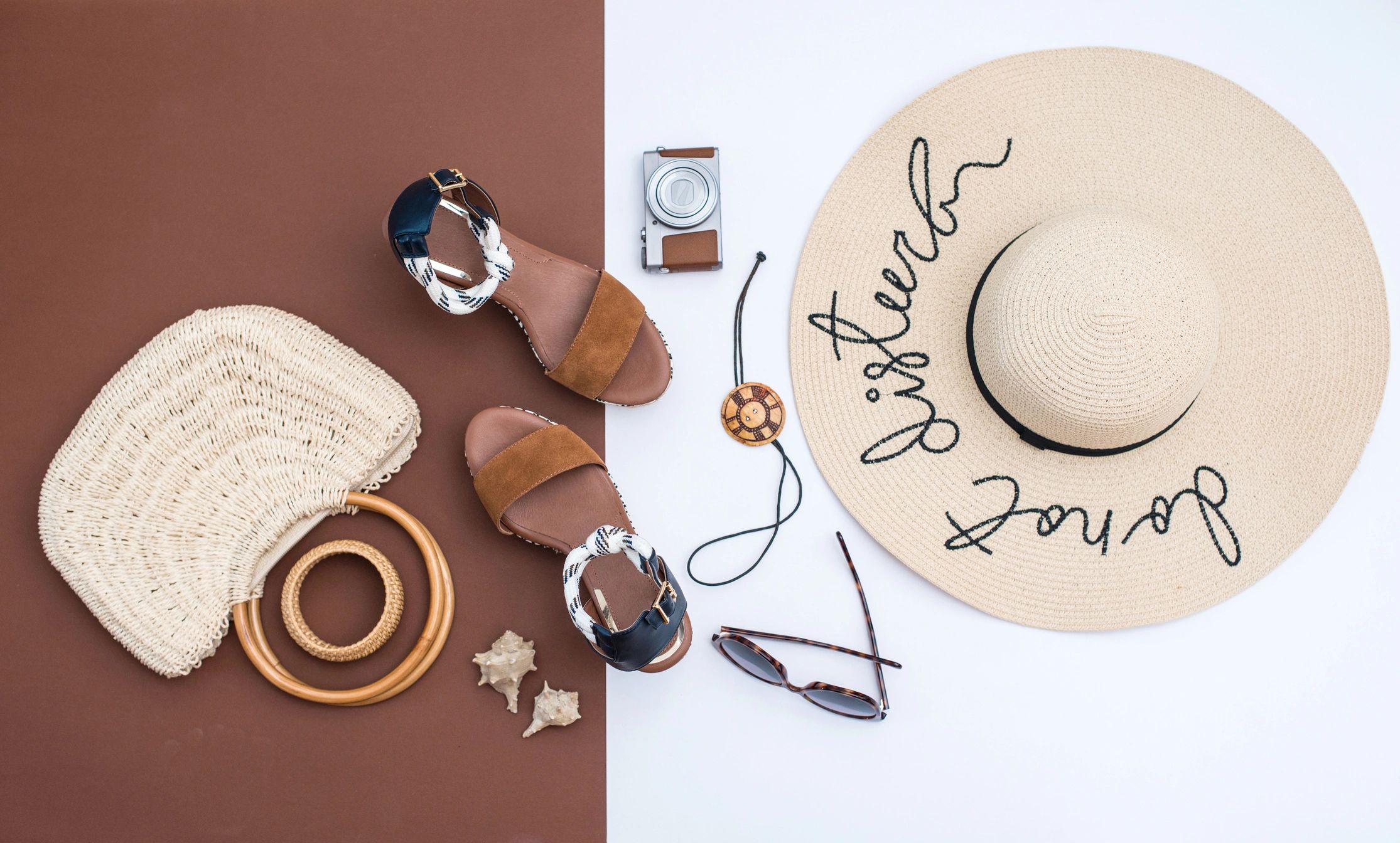 Minimalist fashion accessories flat lay in neutral tones