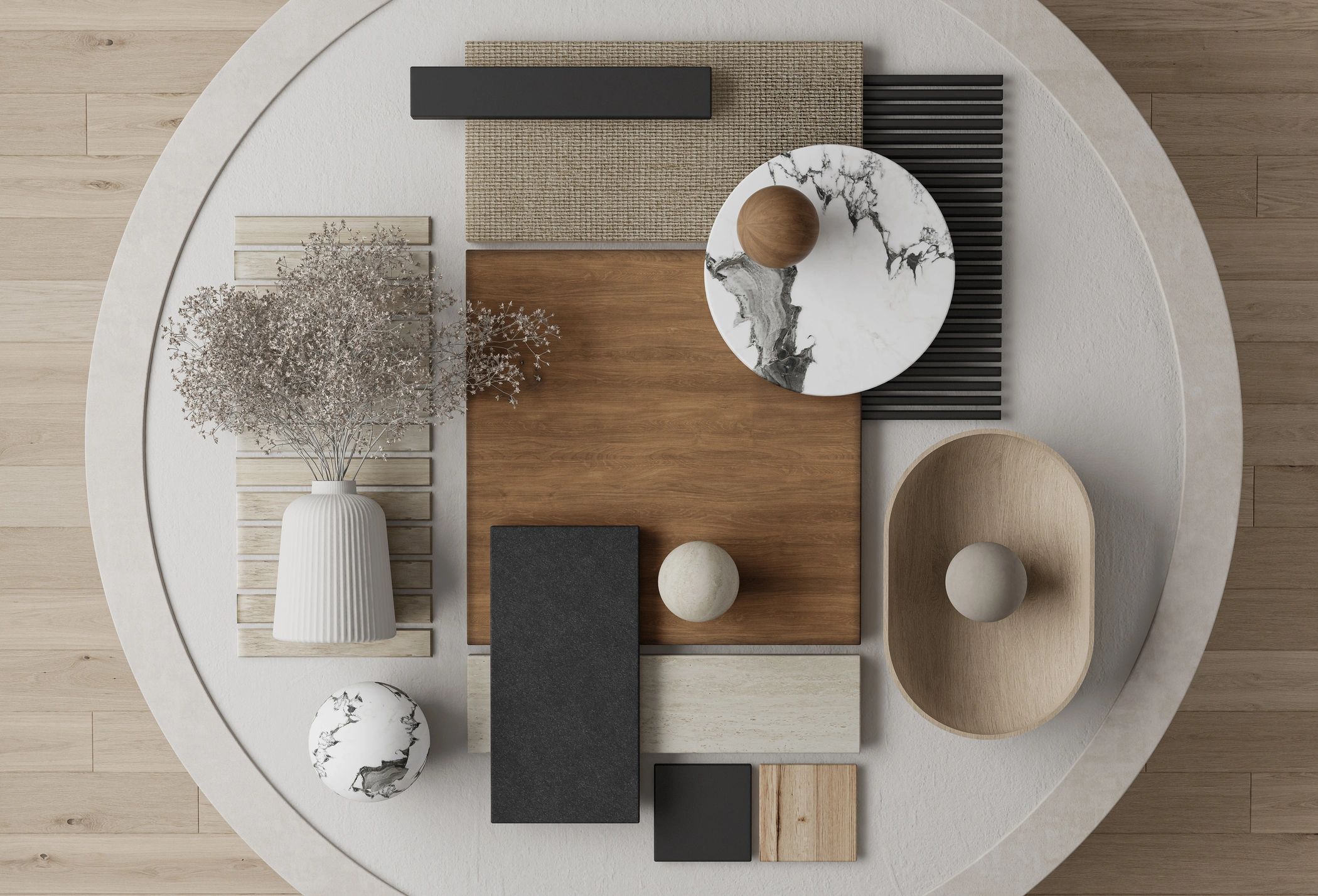 Minimal neutral moodboard flat lay representing data and organization